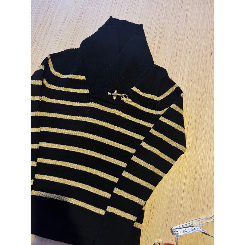Lauren Ralph Lauren Black Gold Striped Shawl Collar Clasp Sweater Large 46